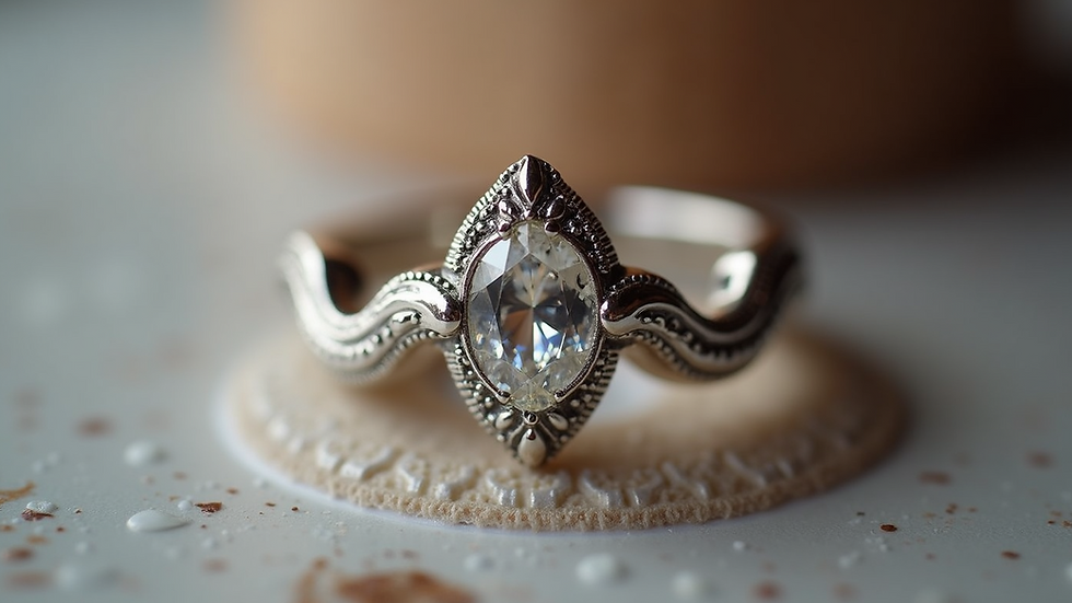 Close-up view of a handcrafted silver ring with intricate detailing