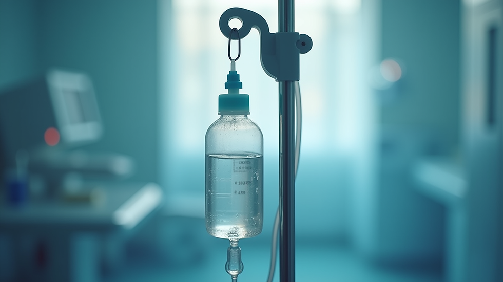 Close-up view of a medical IV drip bag hanging on a stand