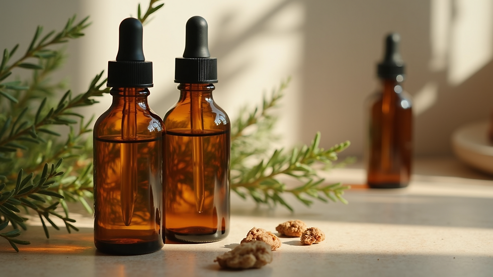 Eye-level view of glass bottles with botanical oils