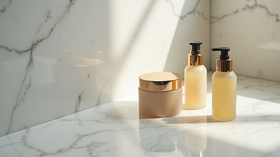 Eye-level view of luxurious organic skincare products arranged on a marble surface