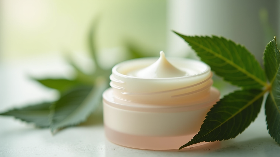 Close-up view of a luxurious skincare jar with organic cream and natural leaves