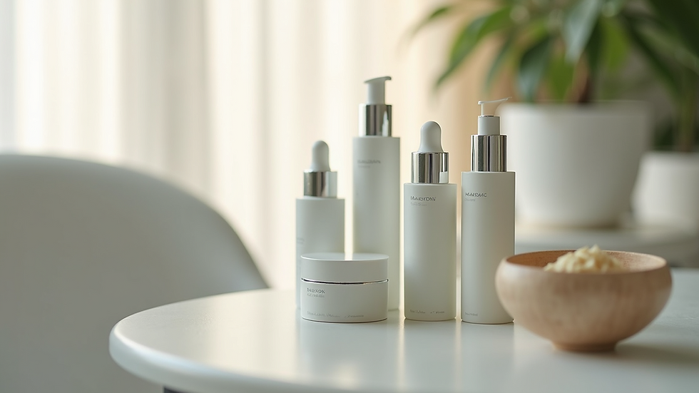Eye-level view of a dermatologist’s consultation room with natural skincare products displayed
