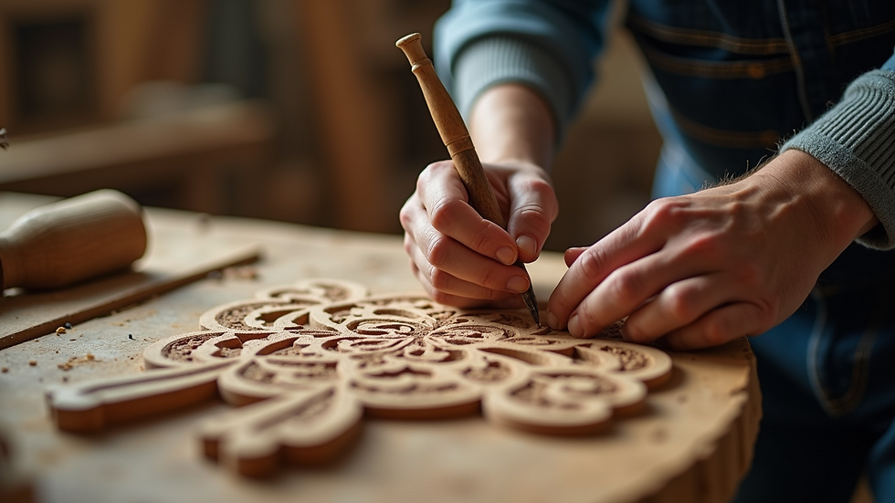 Close-up view of a craftsman carving wood into intricate designs