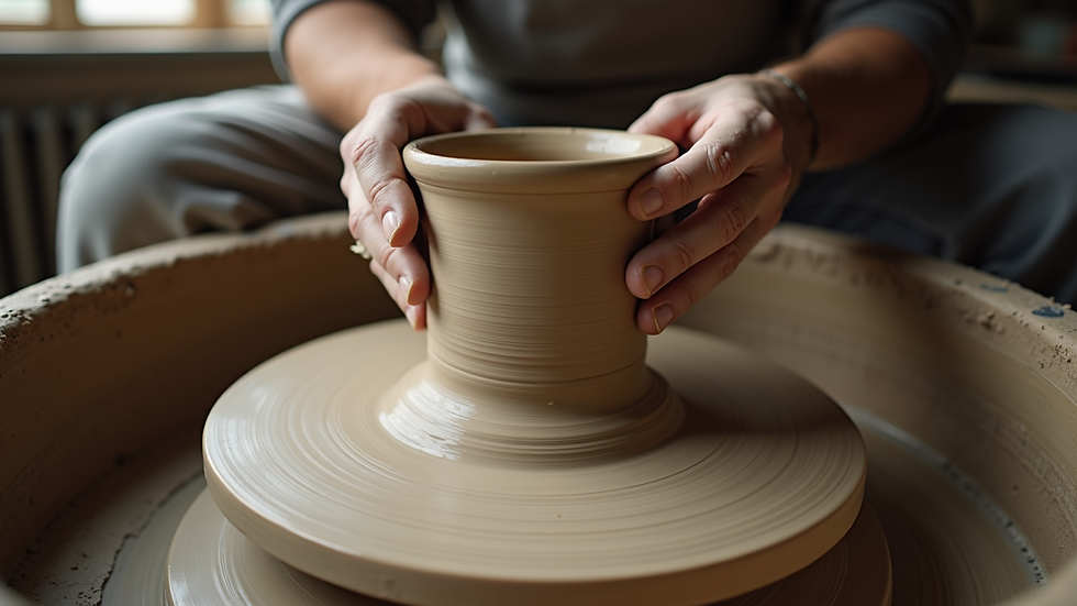 Eye-level view of a potter shaping clay on a wheel