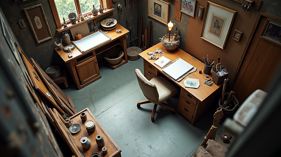 High angle view of an artisan's studio filled with artworks and tools