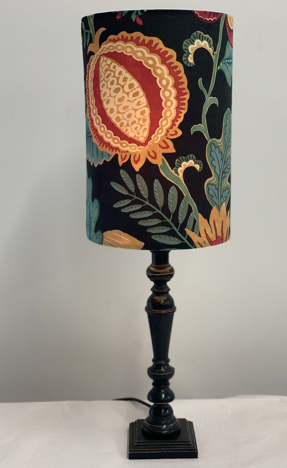 Thumbnail: Black Wooden Lamp with Velvet Lampshade.