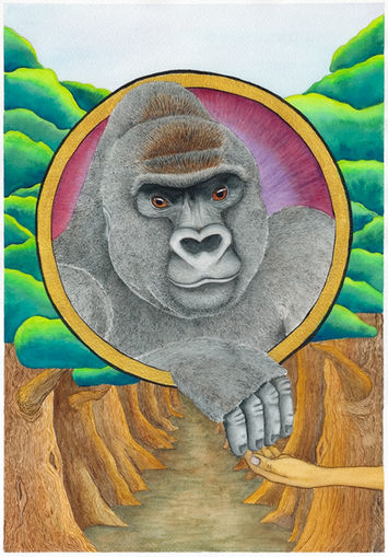 gorilla holds human hand