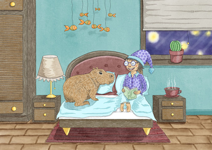 boy and capybara sit on bed reading spooky tales