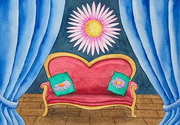 watercolor illustration of a sofa on a stage with a big flower in the background