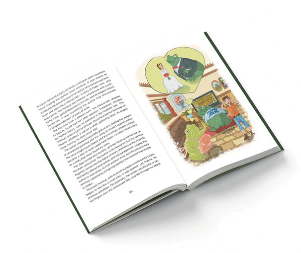 An open book with text on the left and a colorful illustration on the right hand side.