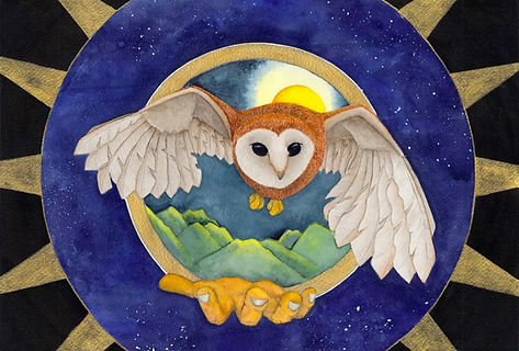 Illustration of an owl flying out of a landscape towards the viewer.