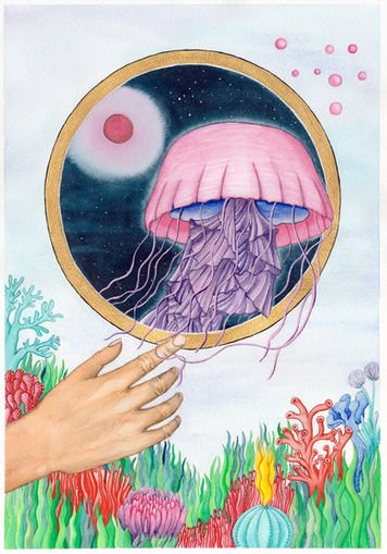 Hand reaches out for jellyfish