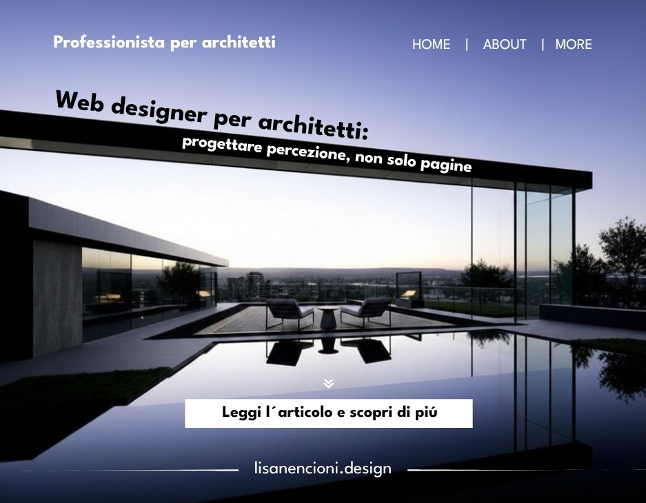 Homepage sito web “Web designer per architetti”, con una casa illuminata al tramonto e piscina, elementi grafici minimal in bianco e nero, un piccolo accento blu scuro, il titolo “progettare percezione, non solo pagine” e pulsante “Leggi l’articolo e scopri di più”. |lisanencioni.design