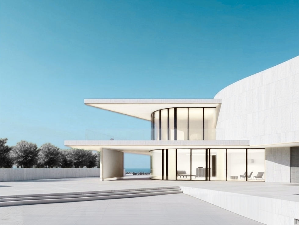 Moderne, elegante Architektur mit starken Kontrasten, einem grauen Hintergrund und einem intensiv blauen Himmel als einzigem Farbelement des Bildes.