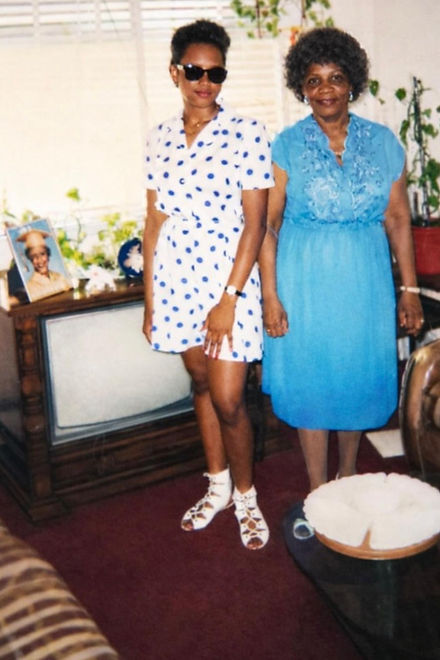Young woman in polka dot dress with older woman in blue
