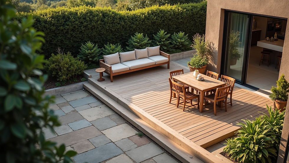 High angle view of an outdoor patio with wooden decking and rustic furniture
