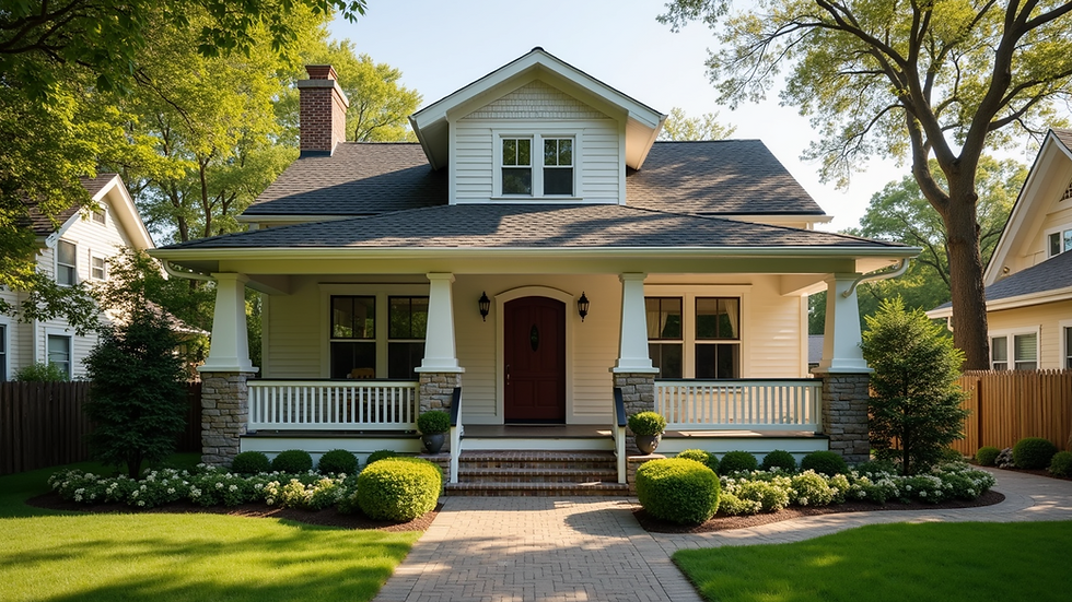 Wide image of a Craftsman home with a large porch