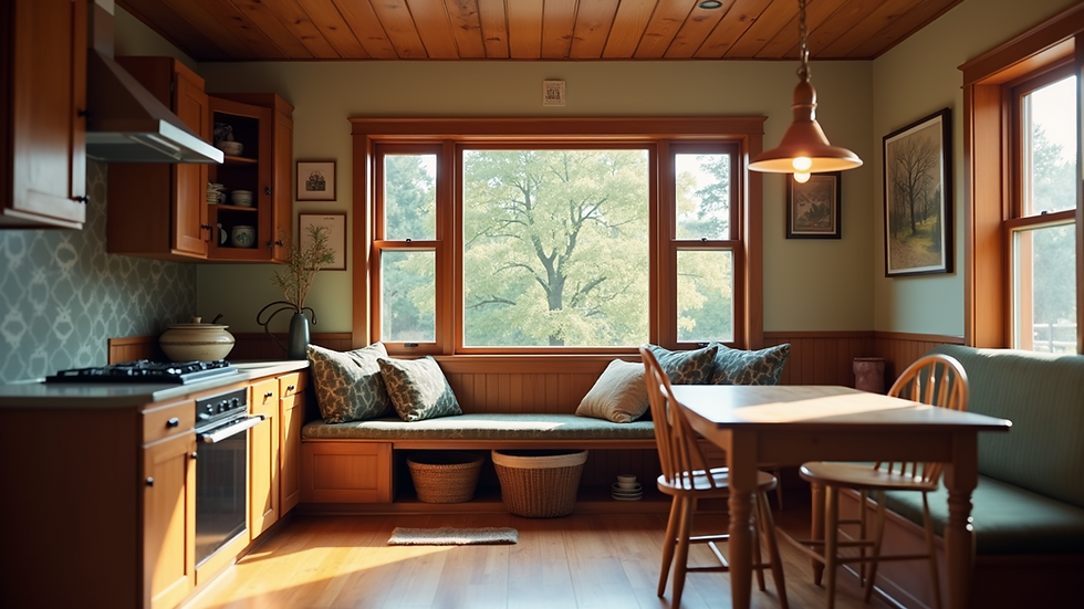 Eye-level view of a cozy Craftsman interior with built-in furniture