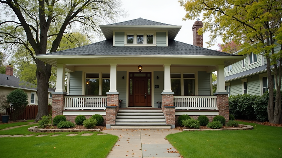 Wide angle view of a Craftsman bungalow with a large front porch and low-pitched roof