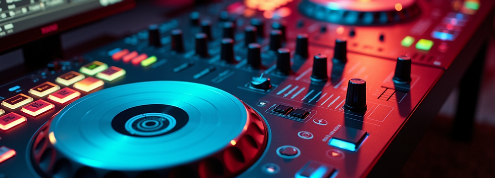 A DJ controller in a dark studio.