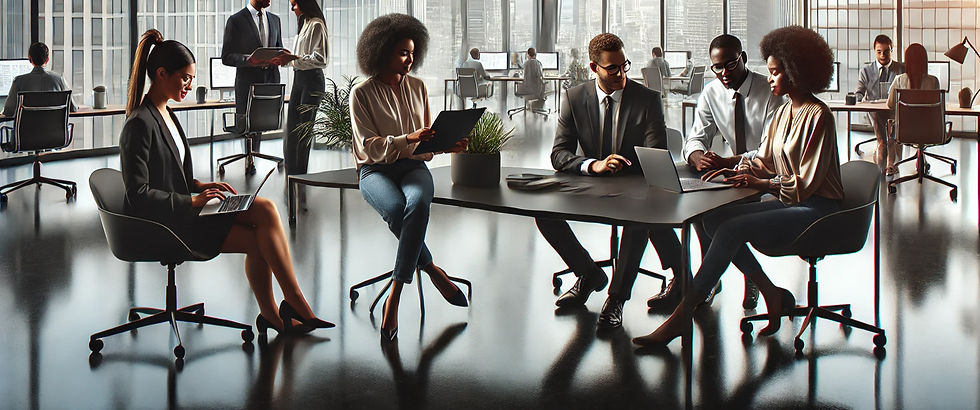 four Black women and a Black man working together in a modern office environment_edited.jp