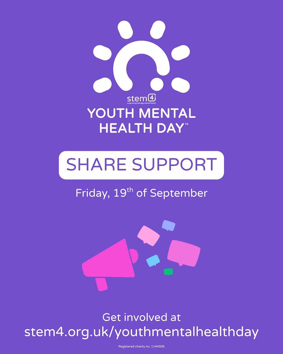 Purple poster for Youth Mental Health Day features white text, icons, and a pink megaphone. Promotes sharing support on 19th September.