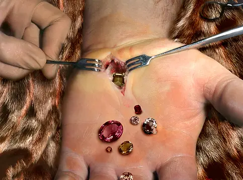 a hand open against a background of fur with jewels falling out of a surgical incision