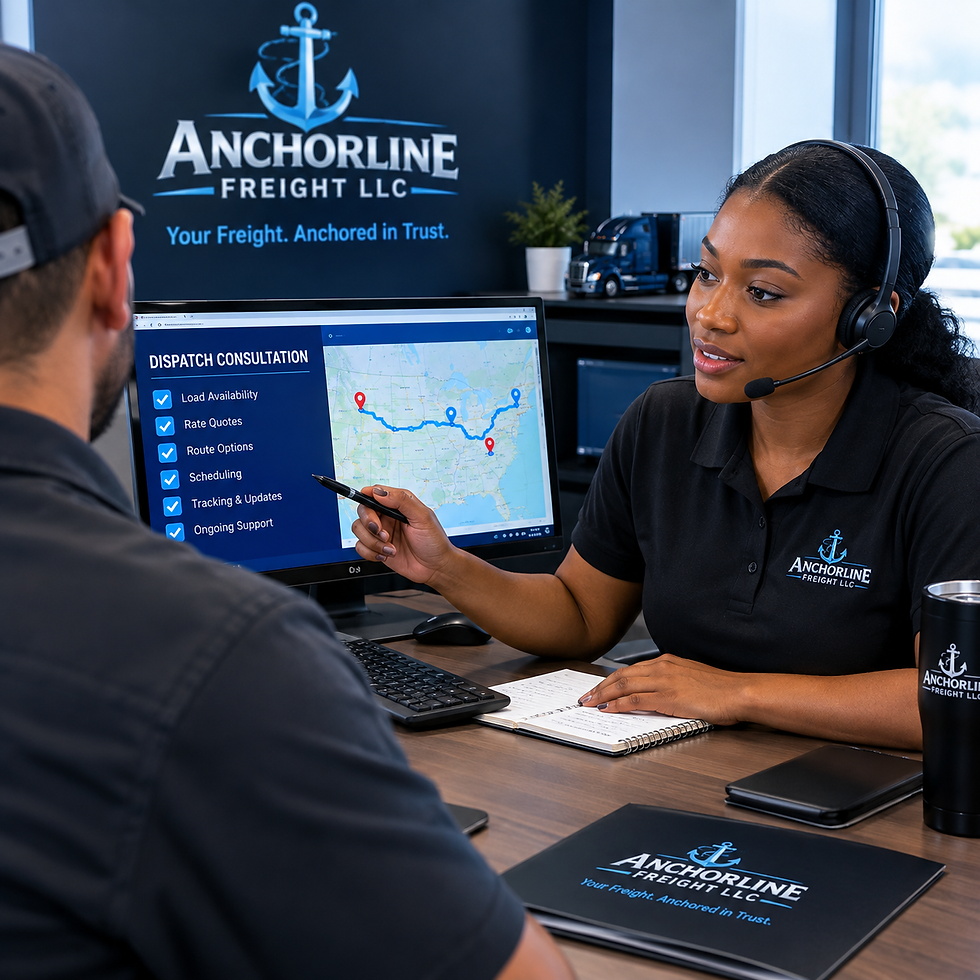 A professional Anchorline Freight dispatcher meets with a client to review their shipment and transportation needs. The consultation focuses on load availability, rate quotes, route options, scheduling, tracking, and ongoing support, helping ensure each shipment is planned and coordinated efficiently from pickup to delivery.