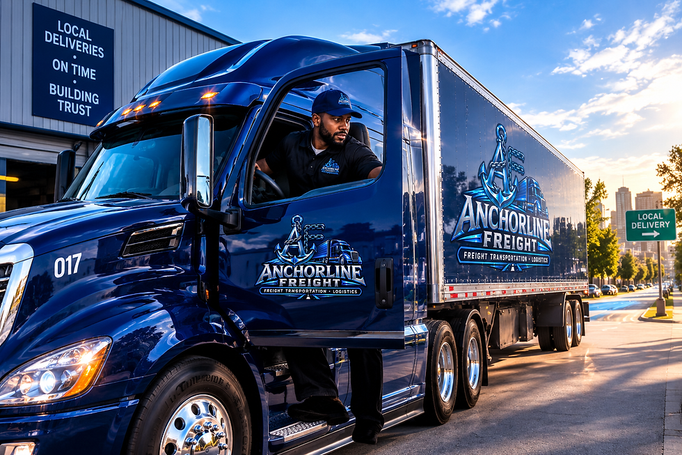 An Anchorline Freight driver heads out in a branded company truck, delivering dependable, professional service throughout the local community. On time. Reliable. Anchored in trust.