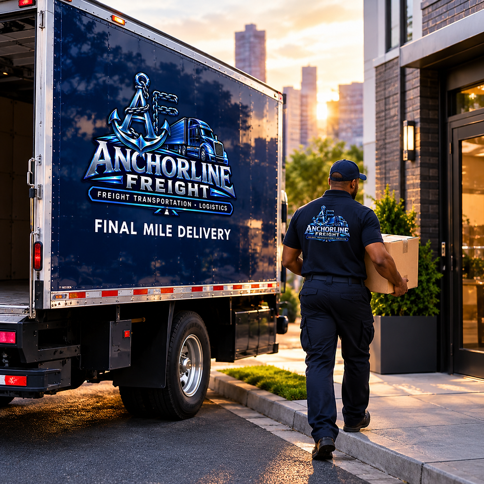 An Anchorline Freight driver delivers a package directly to a customer’s building, representing the final step in the transportation process. The branded delivery truck and professional driver highlight reliable, timely, and careful service from the distribution point to the customer’s doorstep.