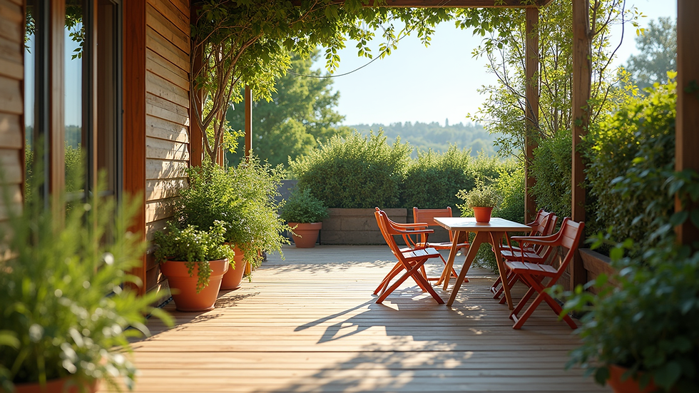Vue en plongée d'une terrasse en bois avec mobilier coloré et plantes vertes