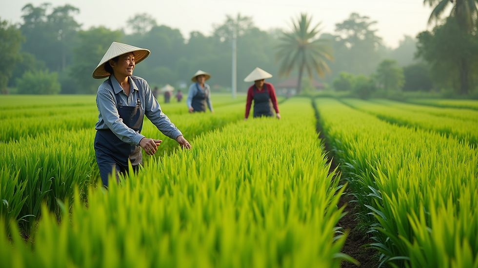 Wide angle view of a lush green farm with women working in the fields