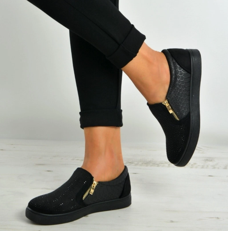 Thumbnail: BLACK CRYSTAL SUEDE ZIP UP PUMPS TRAINERS