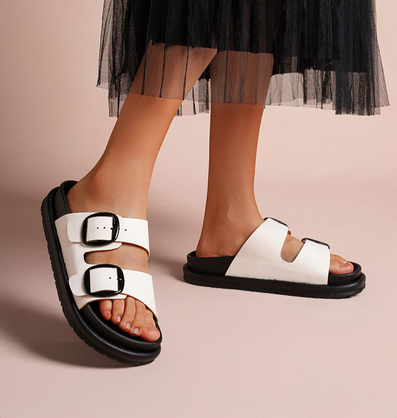 Thumbnail: White Double Buckle & Strap Slide Sandals
