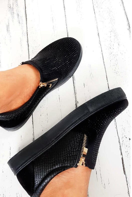 Thumbnail: BLACK CRYSTAL SUEDE ZIP UP PUMPS TRAINERS