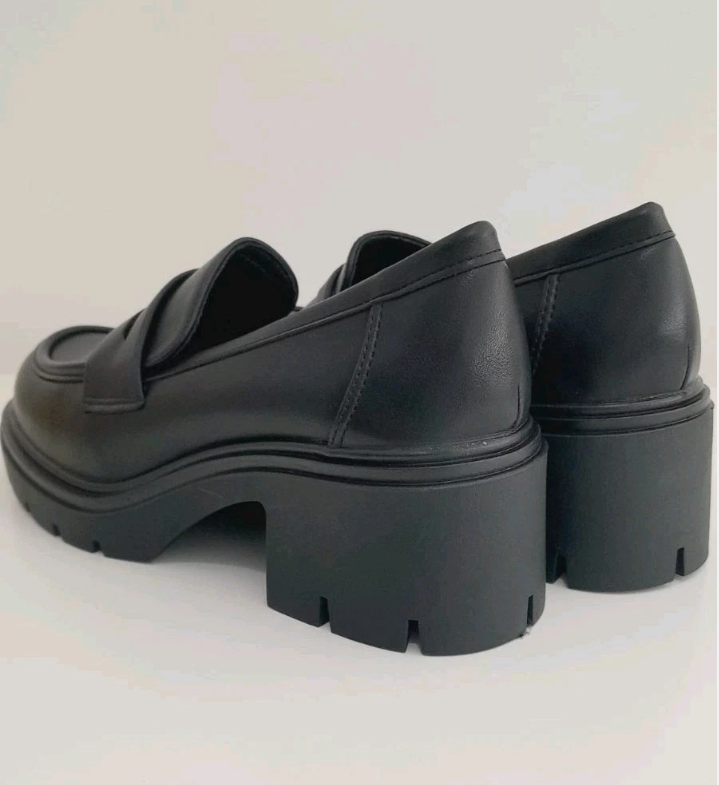 Thumbnail: Womens Black PU Loafers Synthetic Leather Slip On Shoes Chunky Sole