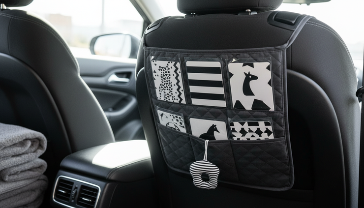 Close-up of high contrast baby cards facing a rear-facing infant seat.