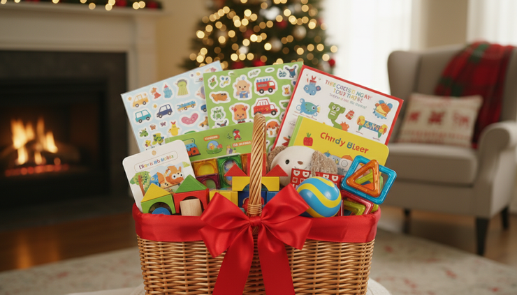 Close-up view of a wrapped toddler gift basket with stickers, books, blocks, and a bouncy ball.