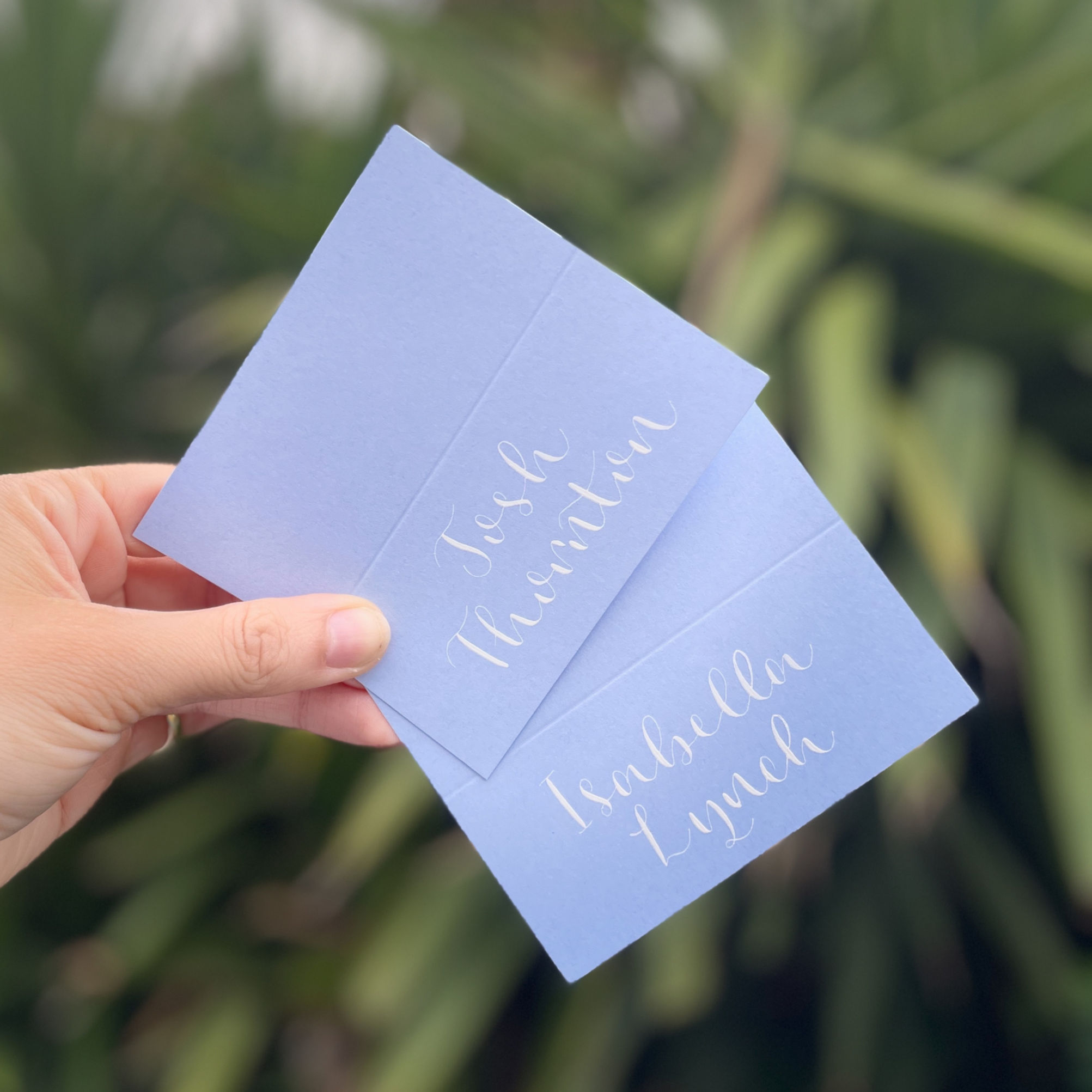 White Ink on Baby Blue Folded Place Card