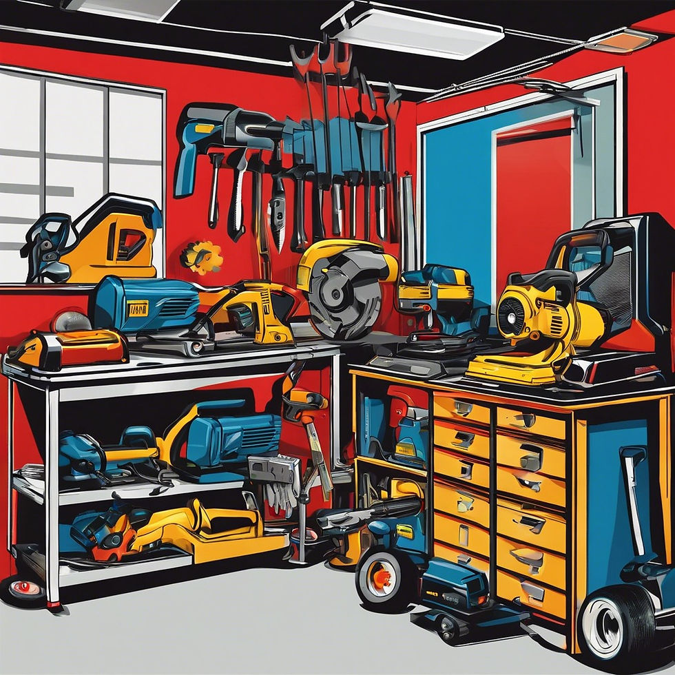 A garage with a variety of power tools