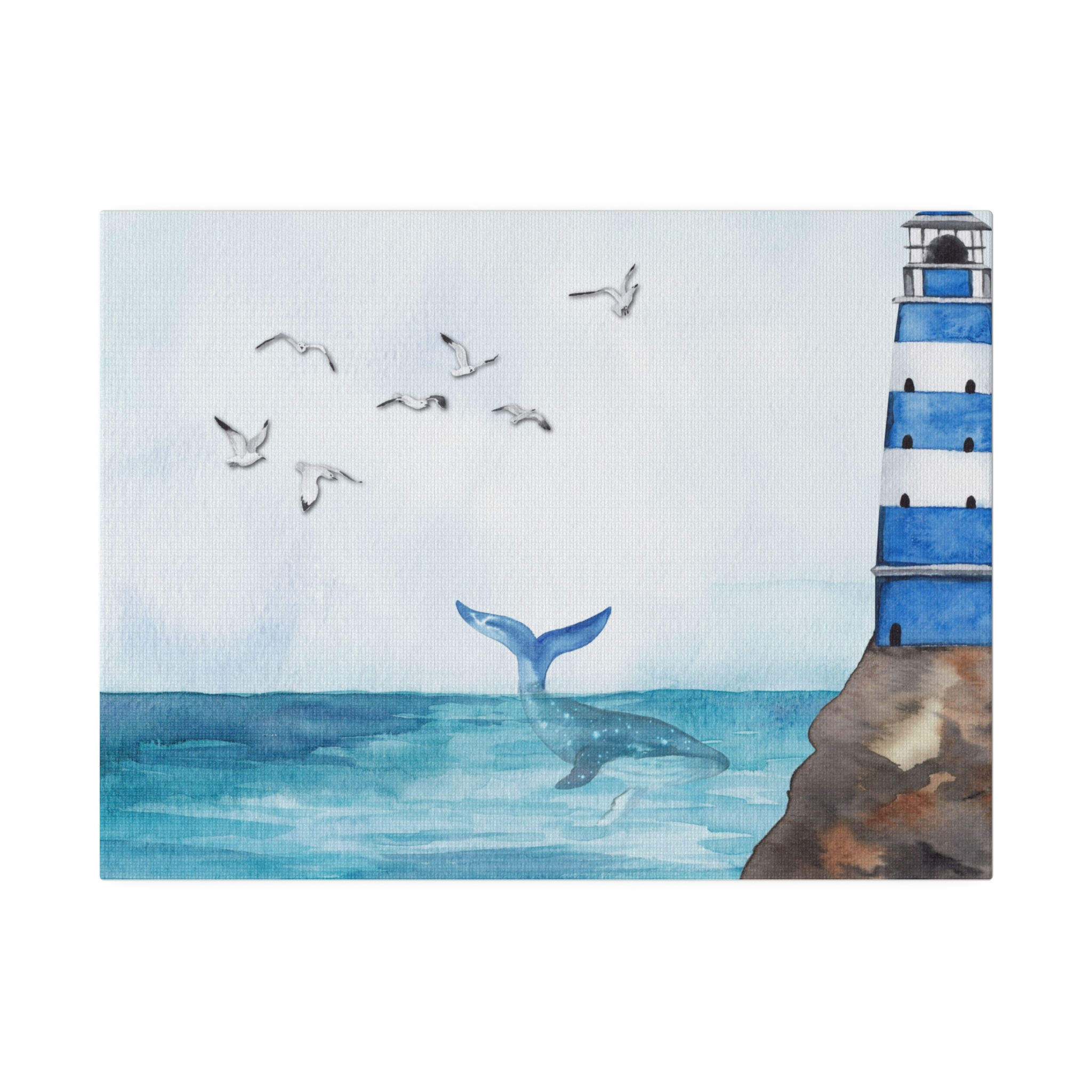 Lighthouse and Whale Tail Seascape, Matte Stretched 0 75" - Nautical Home Decor