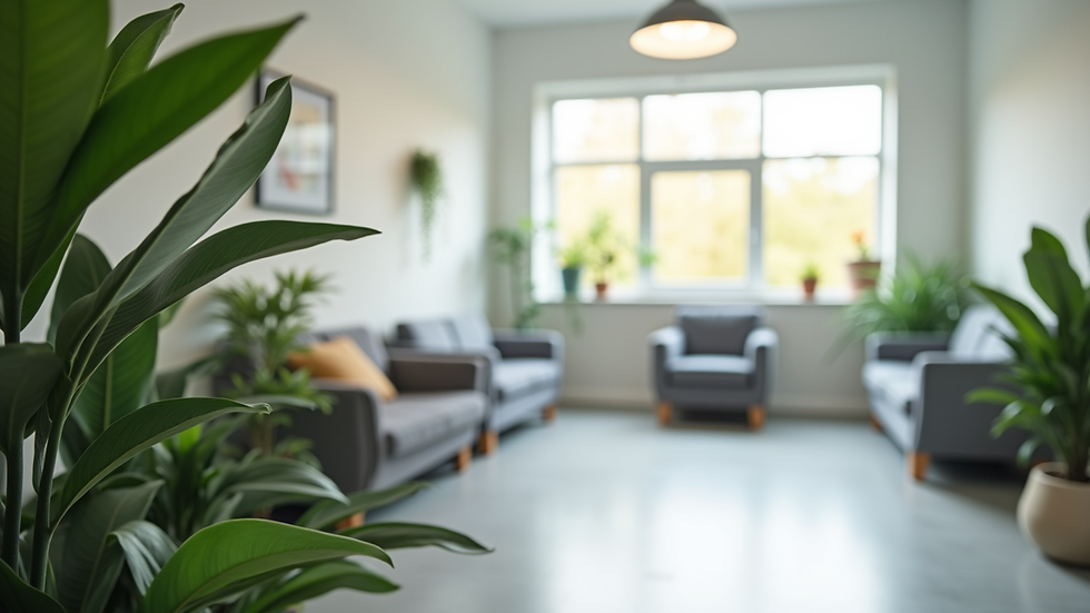 Close-up view of a calm waiting area in a mental health clinic with plants and soft colors