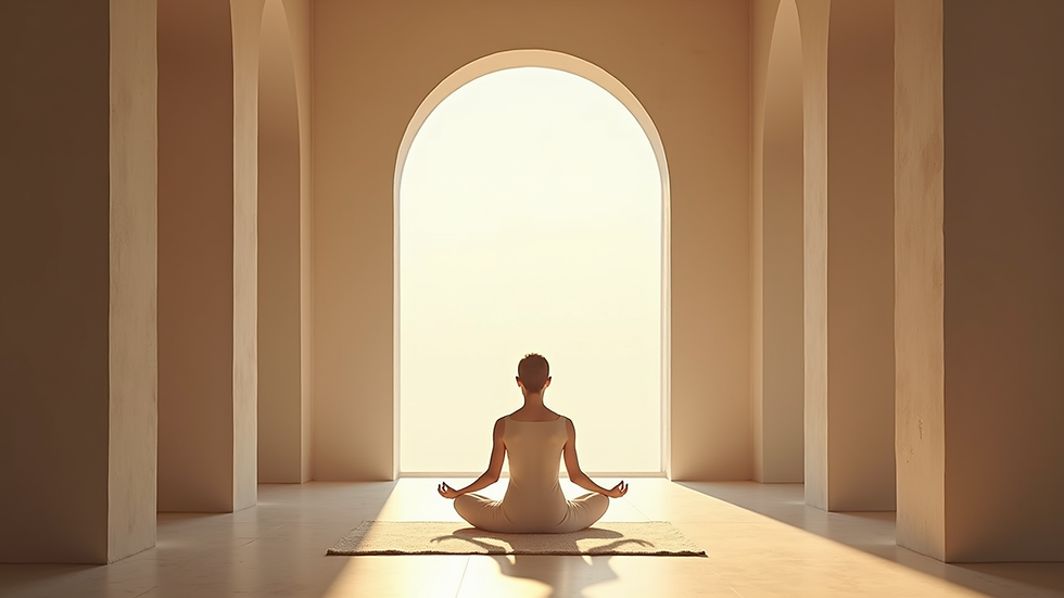 Eye-level view of a serene meditation space with soft lighting