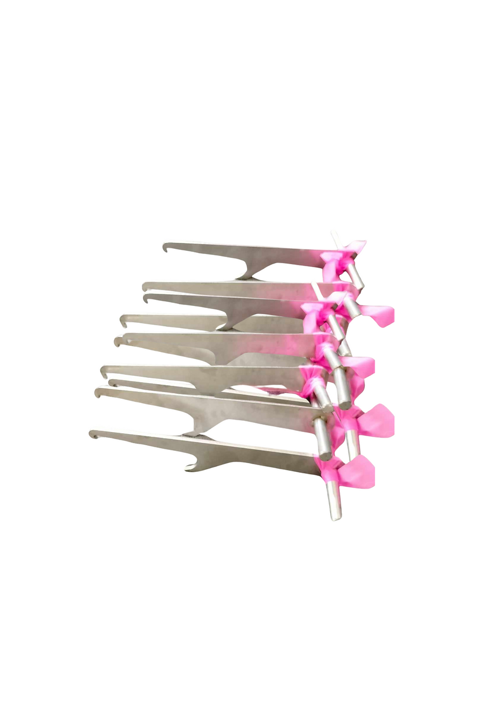 Silver and pink TrapEaze tools stacked against white background for use