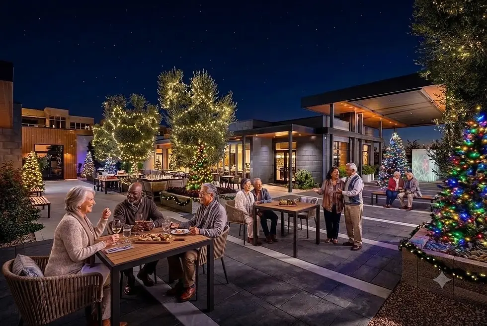 Digital illustration of senior couples enjoying a festive outdoor evening gathering. The scene is illuminated by holiday lights and suggests a social, celebratory mood.