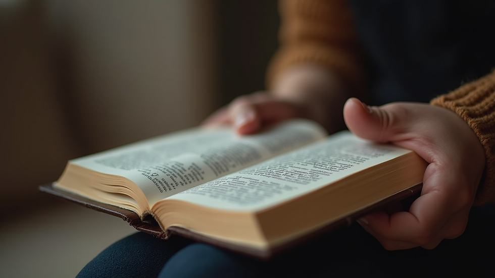 Close-up view of a person reading a Christian devotional book