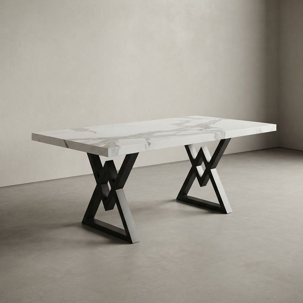 Mesa de comedor Ragua de piedra sinterizada símil mármol con patas rombo de hierro