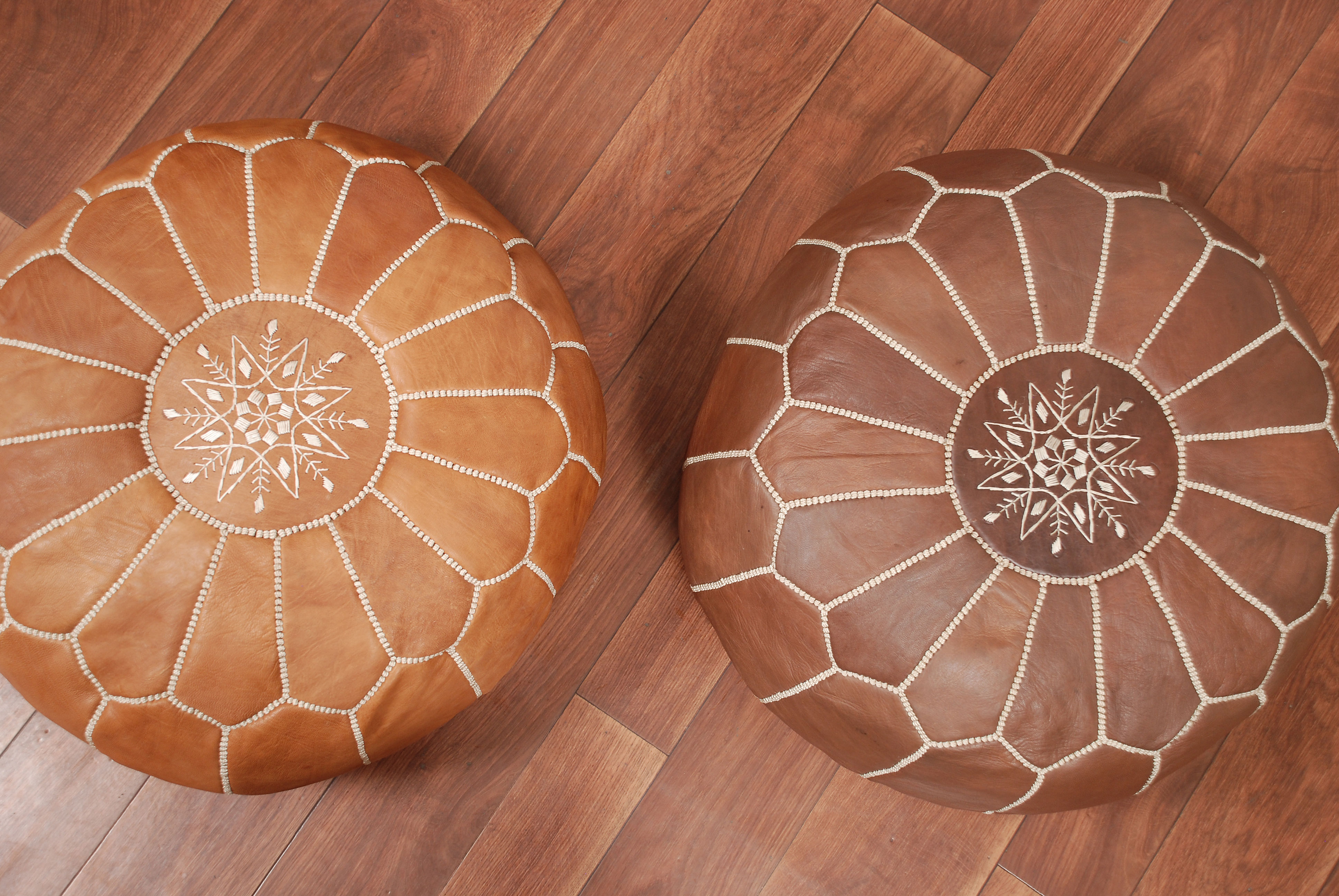 set of 2 moroccan leather poufs dark tan +natural tan