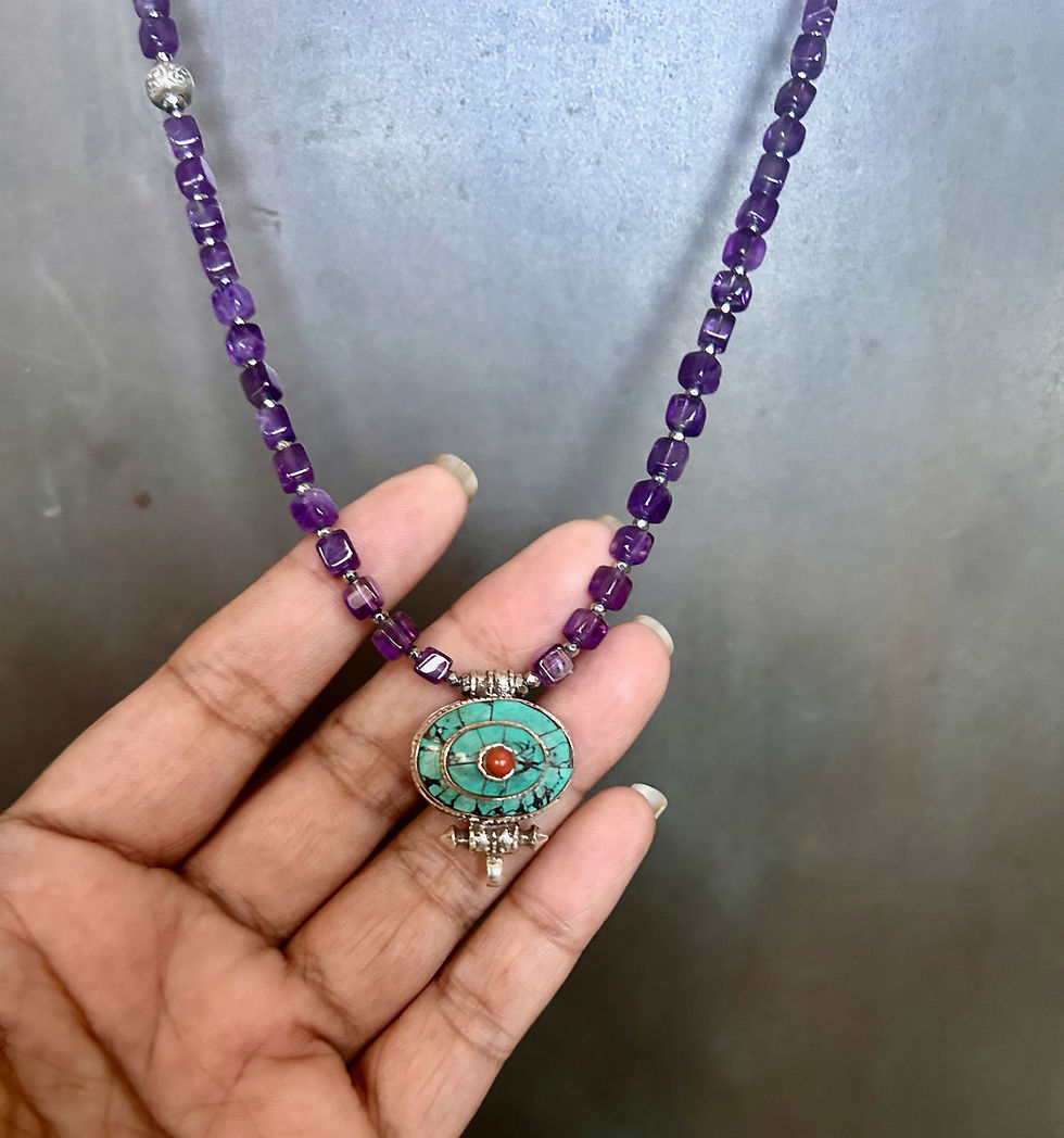 Thumbnail: Hand Made antique Prayer container from Nepal on cube cut amethyst