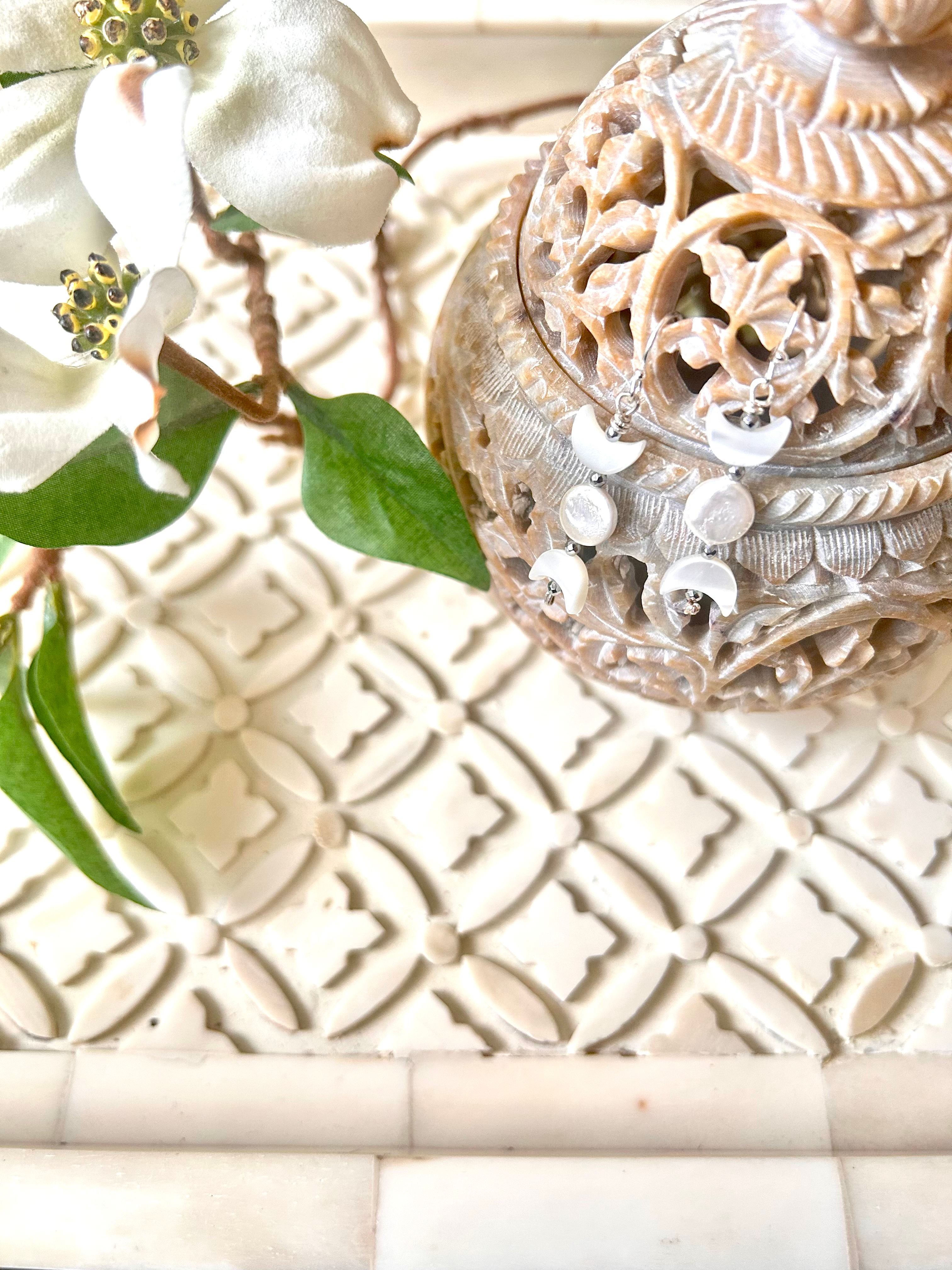 The Petite Sun and Crescent Moons Mother of Pearl and silver Earrings